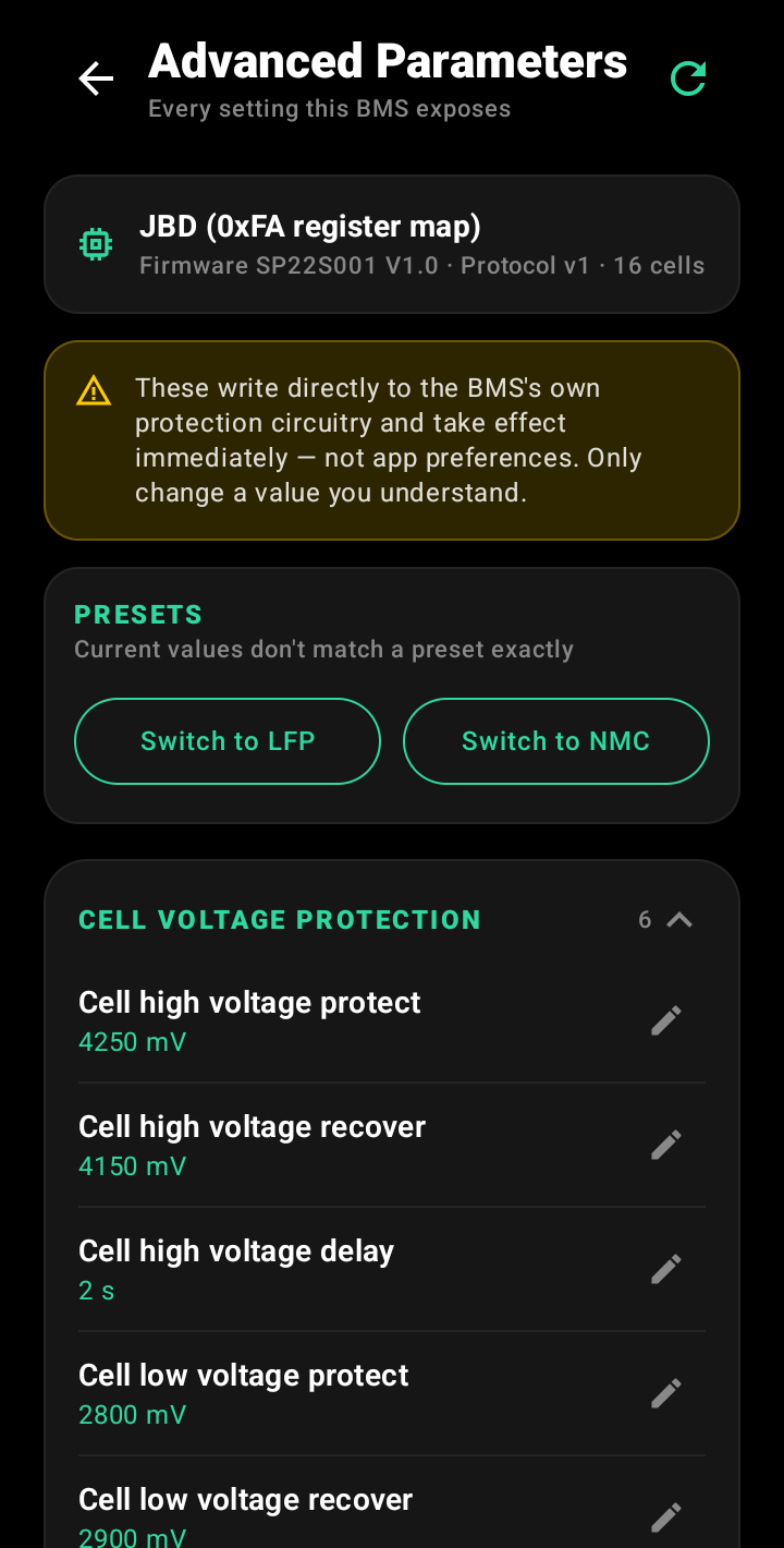 BMS parameters grouped by category with LFP and NMC presets