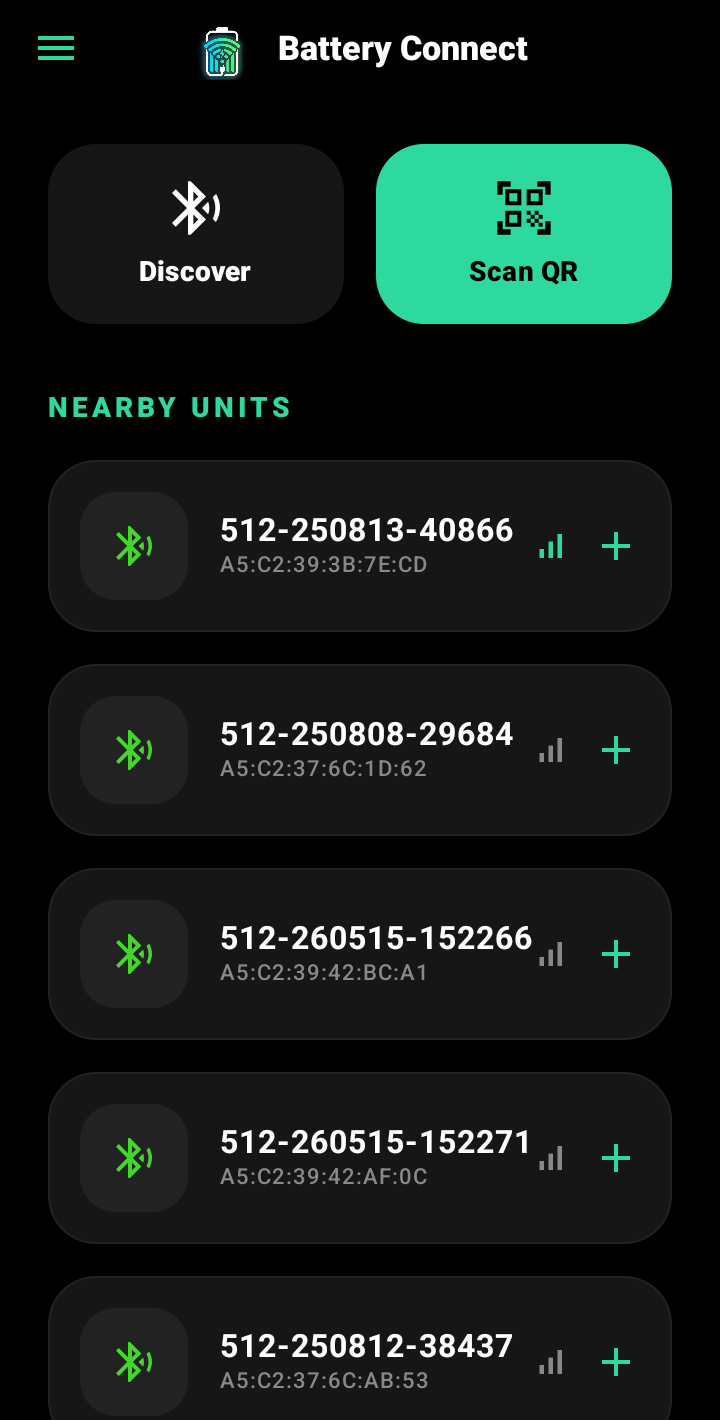 Nearby Smart BMS units listed with signal strength